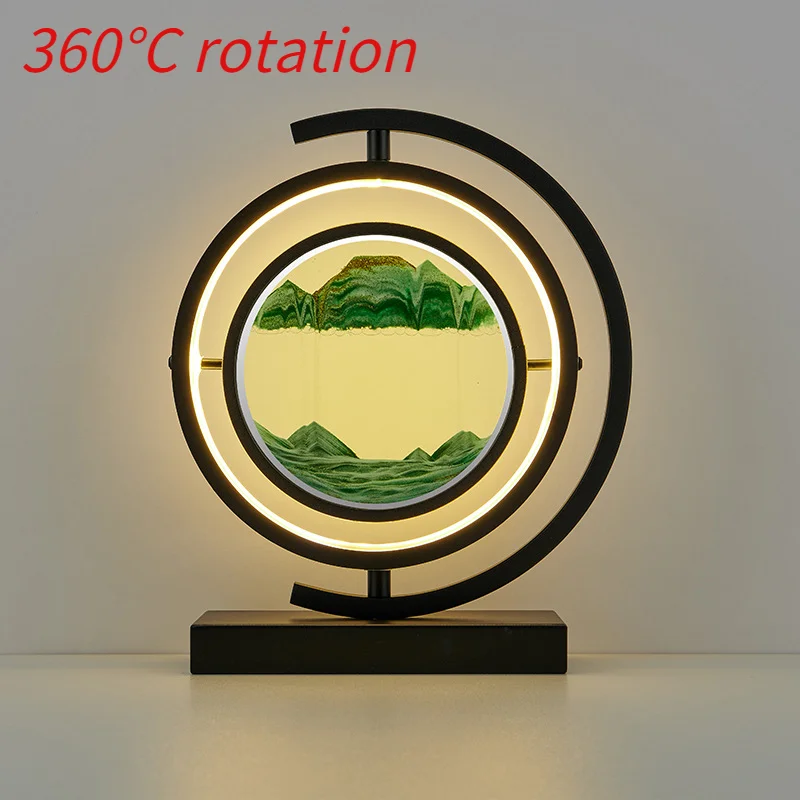 18W LED Bedside Table Lamp，3D Moving Art Sand Scene Dynamic Round Glass Hourglass  Remote Control Kids Bedroom Night Light 