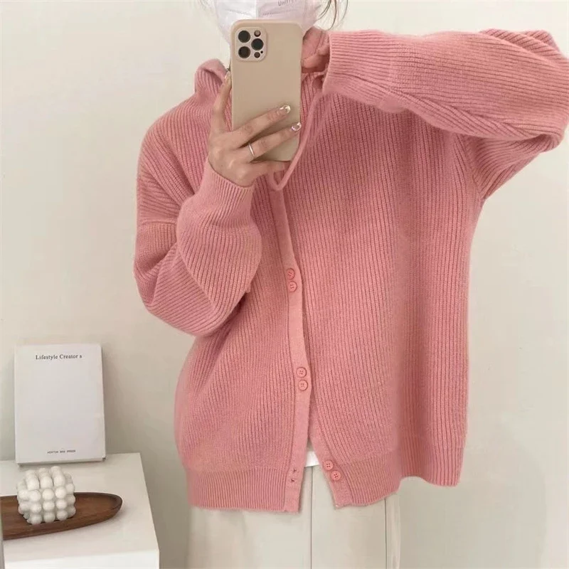 

Женский трикотажный кардиган на пуговицах, фиолетовый или розовый свитер с капюшоном и длинным рукавом, верхняя одежда для девочек на осень и зиму