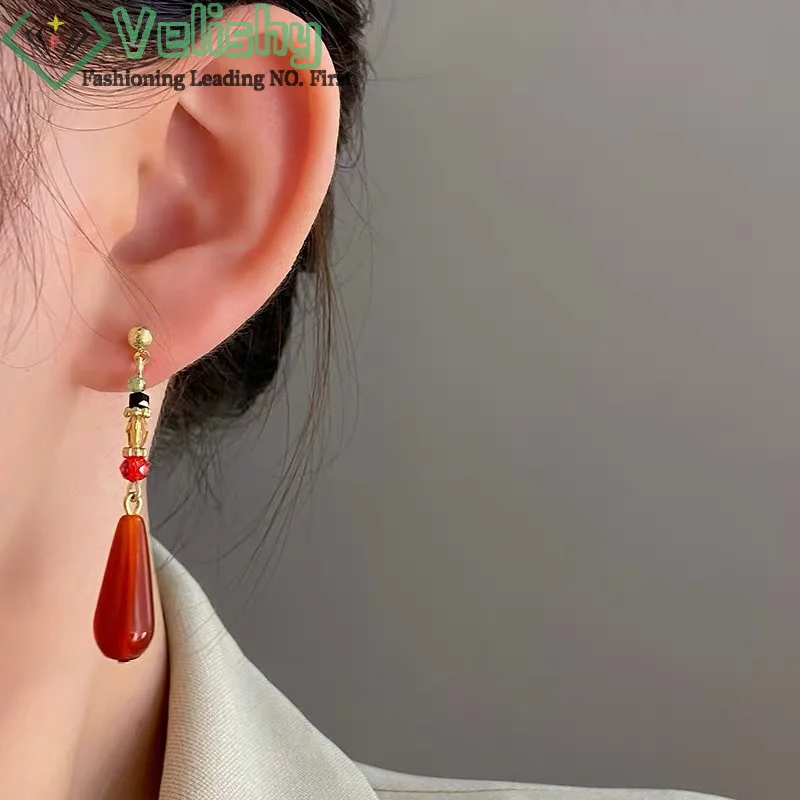 Фото Этнические серьги Hanfu в китайском стиле, модные красные капли воды, подвеска, клипса для ушей, пряжка, длинные классические ретро серьги, ювелирные изделия в подарок №3