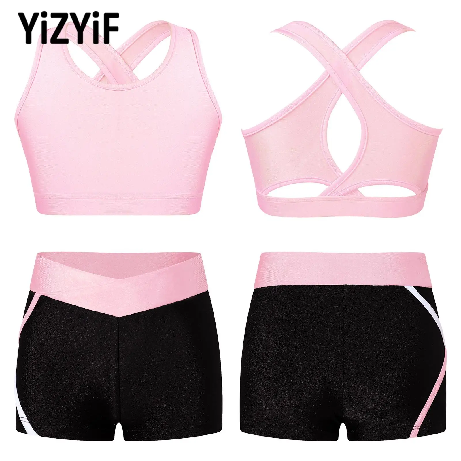 Kids Girls U Neck Shoulder Straps Cross Tank Top with Sport Shorts for Swimming Dance Yoga Set Running Gym Workout kids sports suit