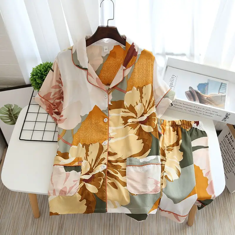 Print Cotton Pajamas Women Short Sleeve Top Shorts Summer Homewear Oversized Pajama Sets Cardigans Korean Chic Nightwear New