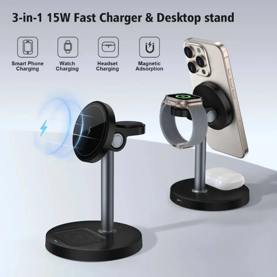 3 in 1 Travel Magnetic Wireless Charger Stand Fast Charging for Magsafe iPhone 17/16/15/14/13/12 Apple Watch 9 AirPods Pro 4/3