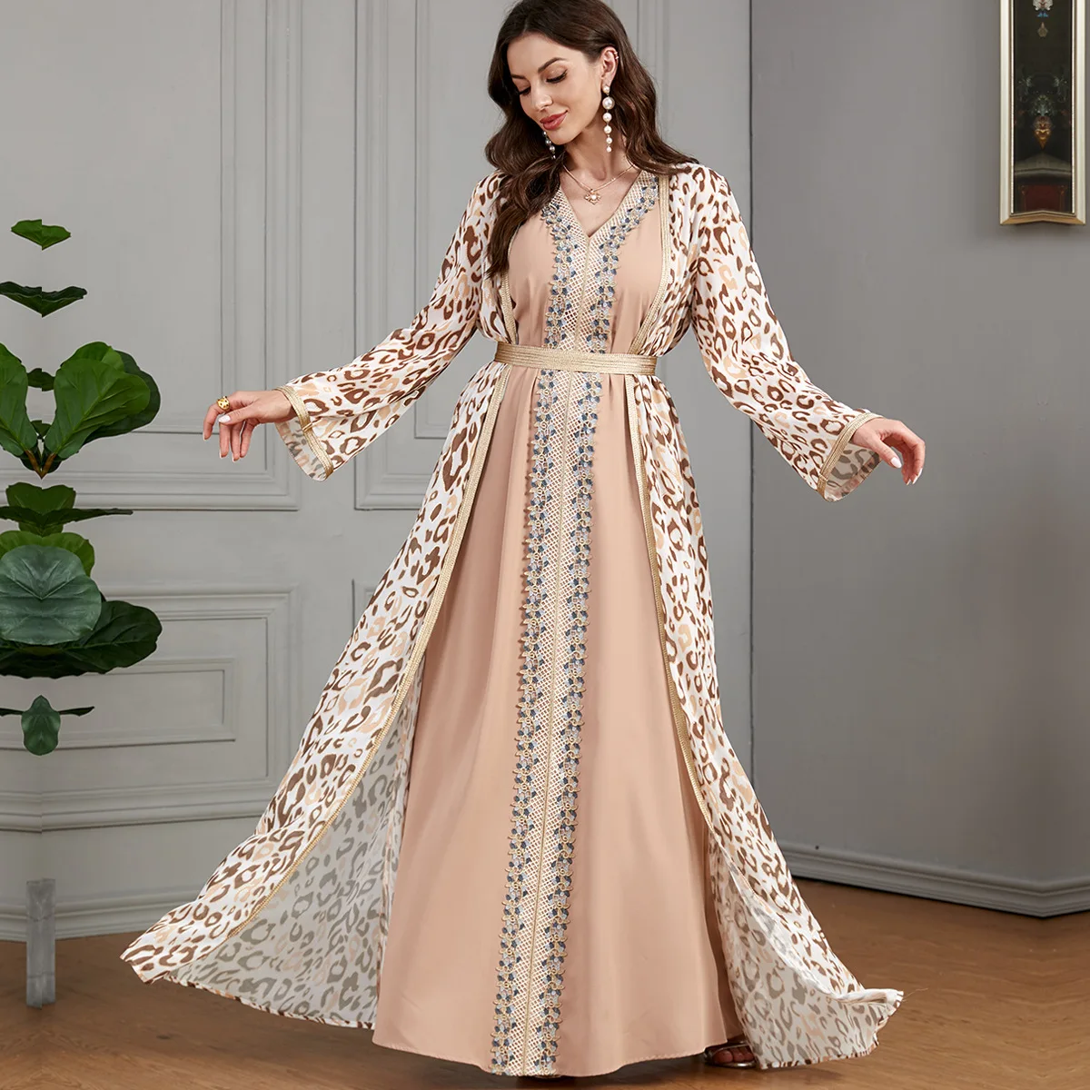 Muslim Dress Two Piece Set Spliced Abaya Dress for Party V-neck Long Sleeves Dubai Middle East Turkey Caftan Kafftan Clothing