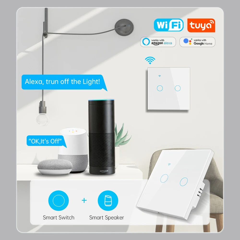 Tuya Smart Wifi EU Touch Switch 1Gang 2Way Glass Panel Touch Switches 2Way Stairs Wall Switches For Smart Life Alexa Google Home