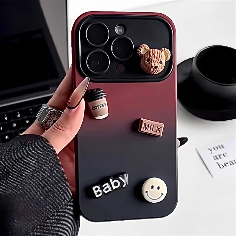 Cute Relax Coffee Bear Lens Custodia Per Telefono Per Iphone15Pm 13 14Pro 12 11Promax Match Colors Full Cover Skinny Capa Protection