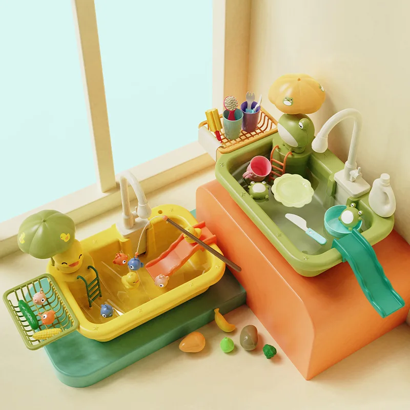 Children'S Kitchen Toy Girl Play House Little Frog Yellow Duck Dishwasher Electric Cycle Water Sink Dish Basin Birthday Gift 2