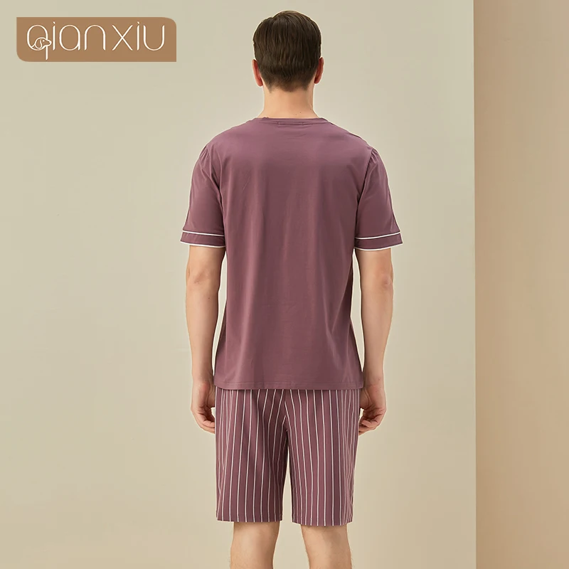 Summer New Men's Cotton Solid Color Short Sleeve Round Collar Top Stripe Shorts Home Set Simple  Sleepwear Home Suit