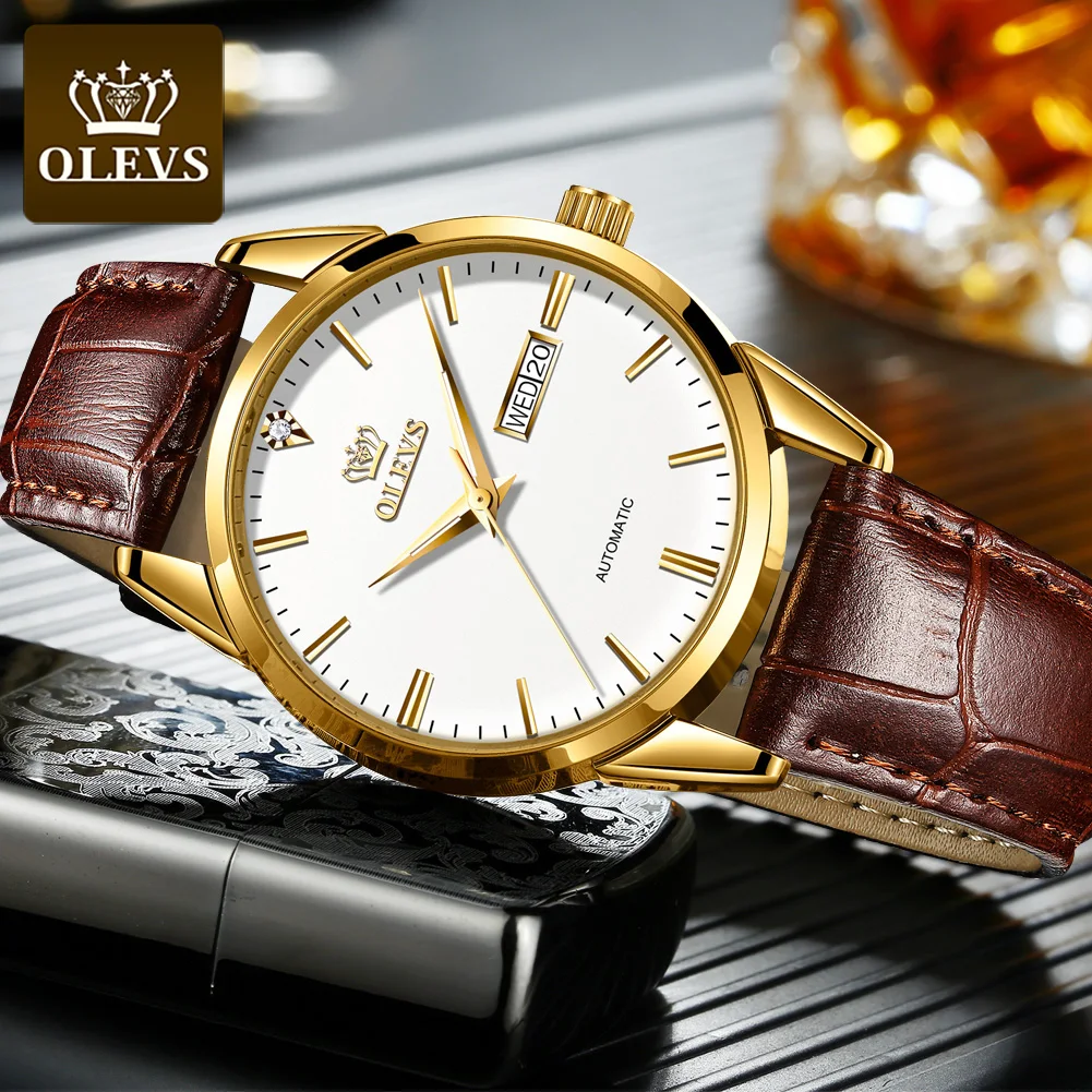 OLEVS Men's Mechanical Wrist Watch Business Classic Auto Date Clock Leather Strap Waterproof Watches Luxury Original Man Watch