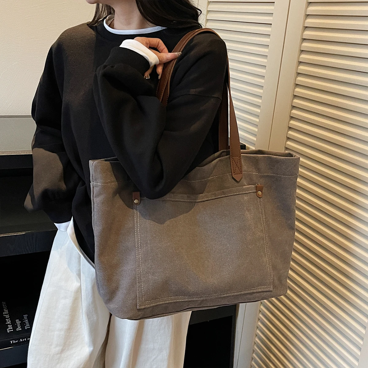 Solid Color Large-Capacity Canvas Tote Bag for Women, Japanese Style Casual Ins College Student Shoulder Bag, Tutoring Class Handbag, Travel and Shopping Bag