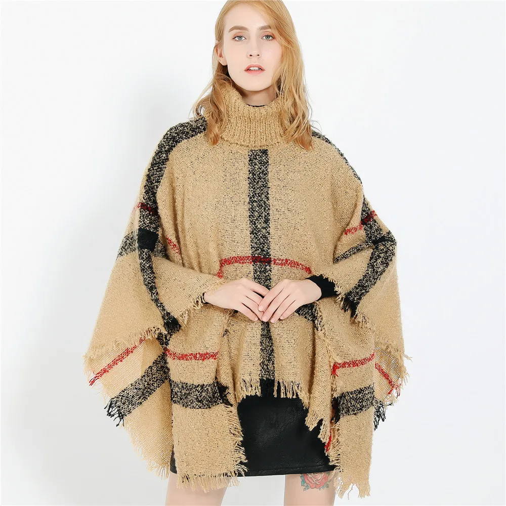 Autumn and Winter Pullover High Neck Hoop Yarn Large Check Imitation Cashmere Shawl