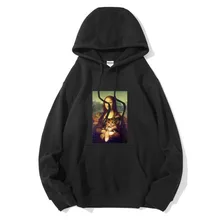 

Men Hoodie high quality Autumn Winter Cotton Blend funny mona lisa cat print Hoodie Sweatshirt Quality male hip hop top Pullover