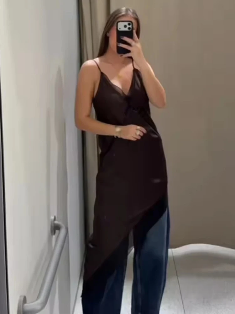 Women Backless Sexy Satin Elegant Dress Asymmetric Hem Dress New Summer Fashion Holiday Party Beach Dresses