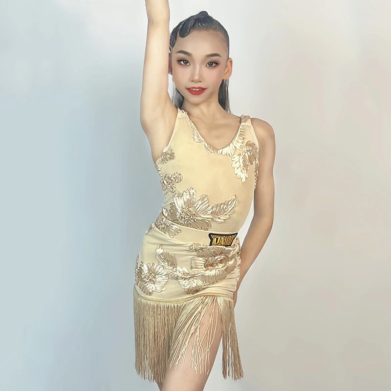 

Girls Latin Dance Competition Costume Vintage V-Neck Leotard Tassels Skirt Stage Show Wear Rumba Samba Dance Clothing VDL185