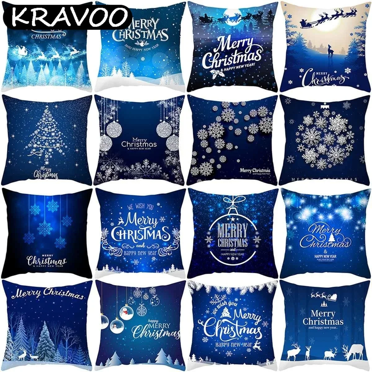 

Blue White Christmas Cushion Cover Snowflake Elk Printing Pillowcase Decors For Home Xmas Navidad Funda Cojín Cojines 45x45cm