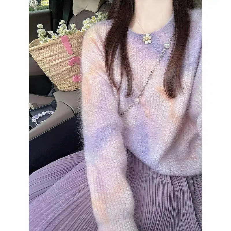 

French Temperament Tie Dye Knit Sweater Pleated Skirt Two-piece Set Women Gentle Soft O-neck Sweet Fashion Winter Chic Lady Suit