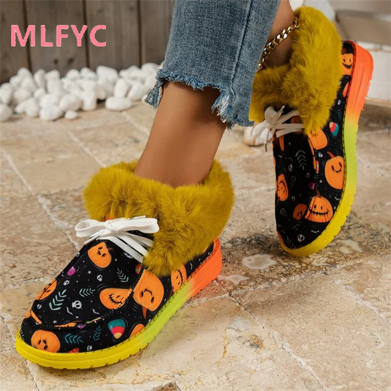 New Thick Sole Printed Low Top Snow Boots for Women Round Head Warm Cotton Boots, Bean Shoes for ladies Plus Cotton Short Boots