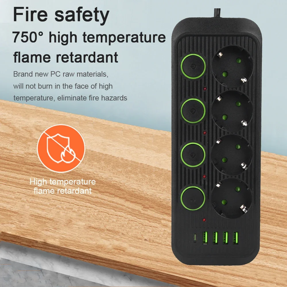 European Standard Power Strip with USB Ports and Network Filter, Individual Switch, EU Plug