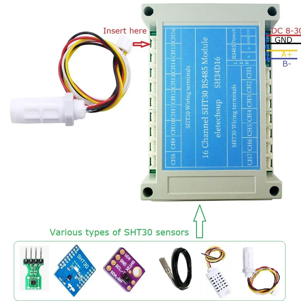 

DC 12V 24V 16CH Temperature & Humidity Collector RS485 Modbus Rtu Board SHT30 SHT3X Sensor Controller Paperless Recorder Module