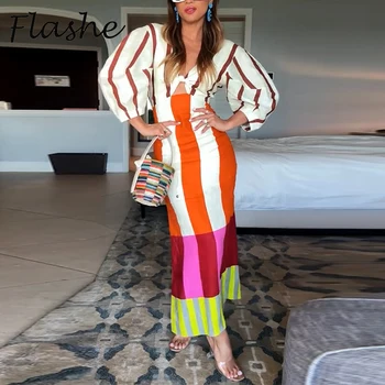 Summer Women Beach Holiday Dress Hollow Patchwork V Neck Half Sleeve Female Maxi Dress Women Casual Print Party Long Dress 1