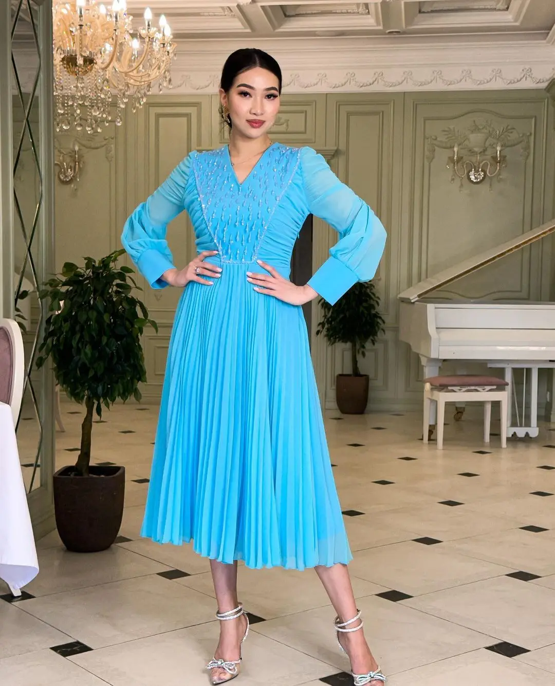 

Lovestory Beading V Neck Prom Dresses Long Sleeves Saudi Arabia Women Wear Pleats Chiffon Night Party A Line Vestidos De Noche