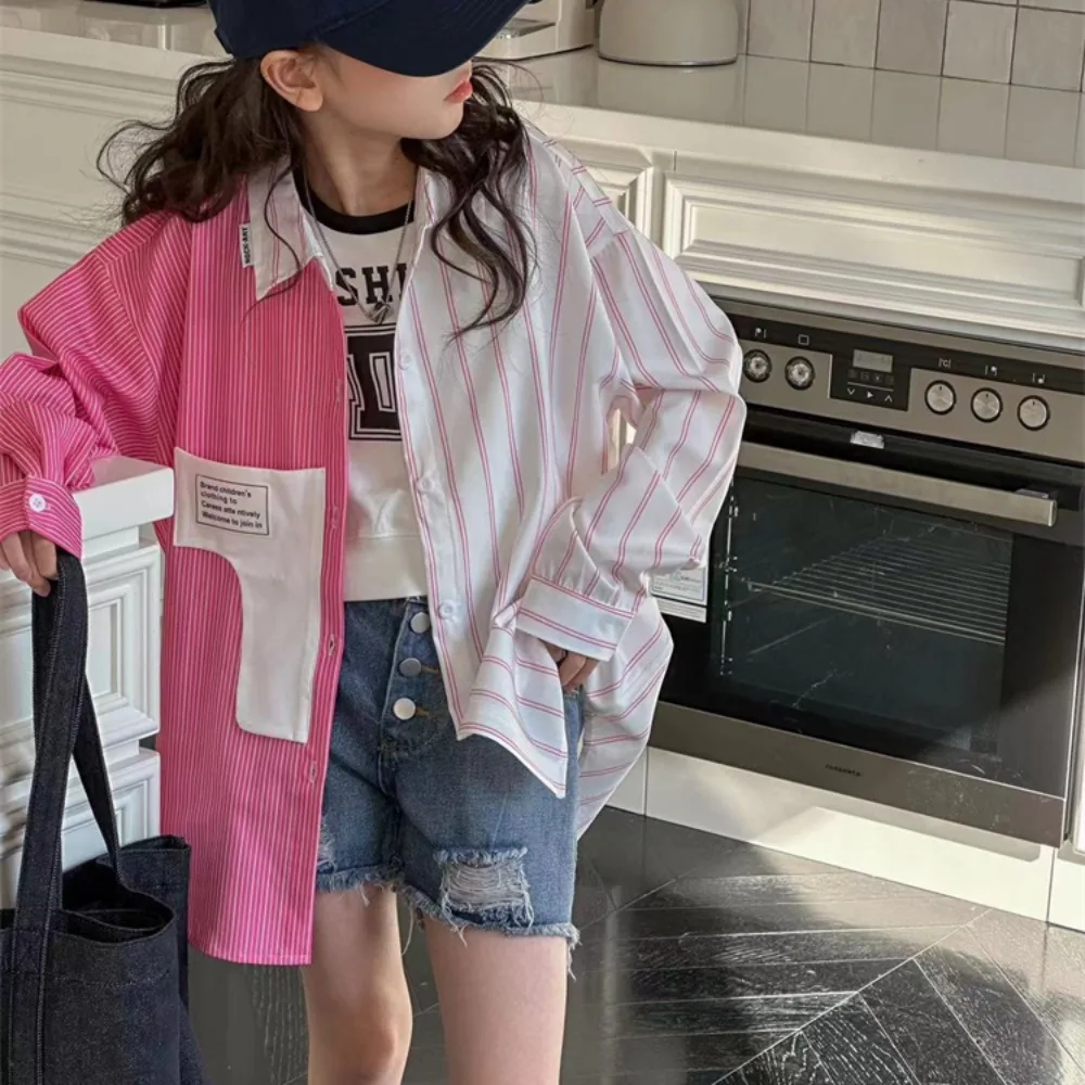 

Girls Coats European Style 2024 Summer New Stitching Color Stripes Blouses Design Spicy Girl Fashion Summer Children Coat