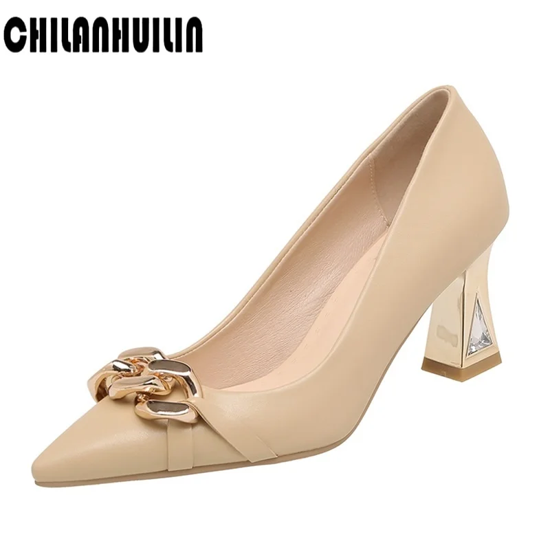 

INS women shoes microfiber leather high heels party shoes pointed toe metal chains ladies footwear spring summer women pumps