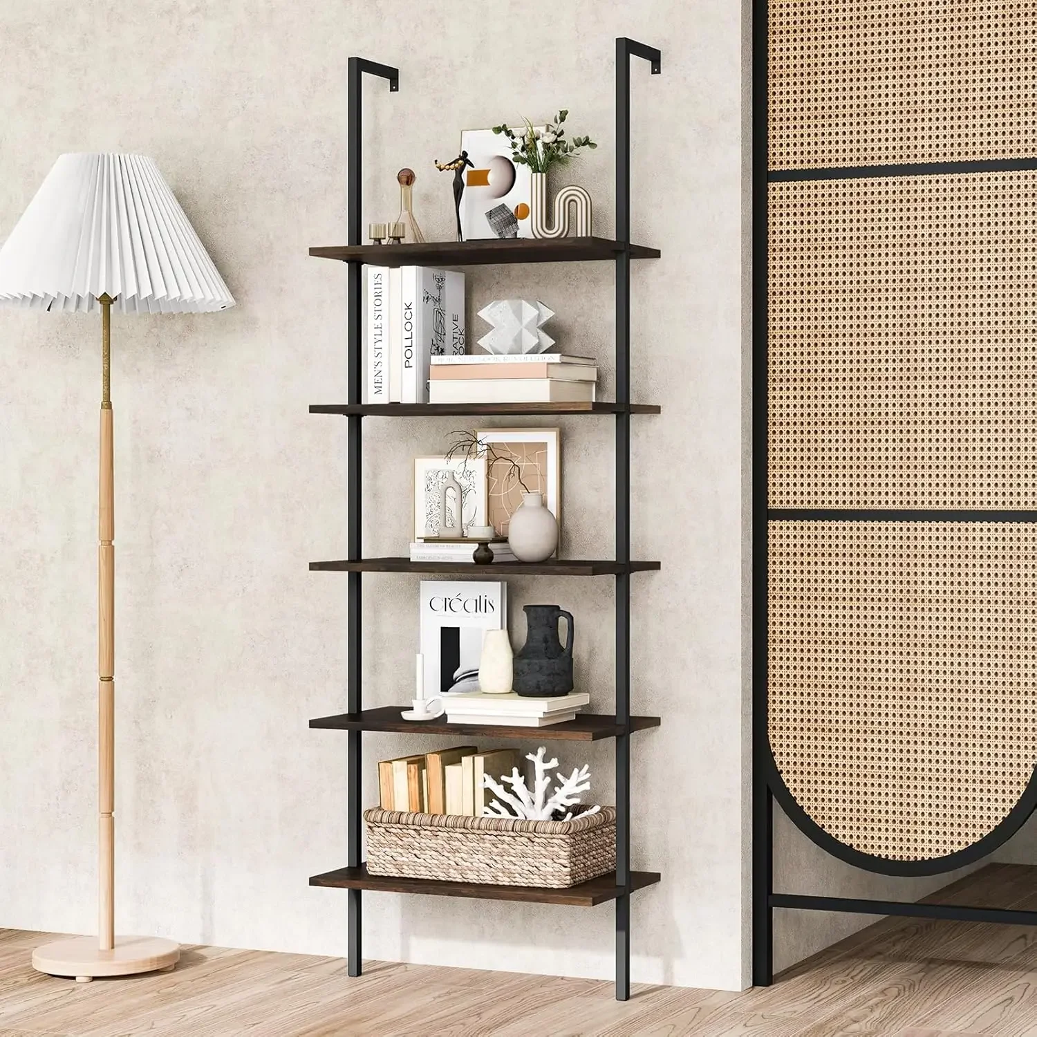 5-Tier Bookshelf, Modern Wall Mounted Ladder Shelf, 5 Tiers Wood Open Bookcase w/Metal Frame, Home Office Display Rack 5