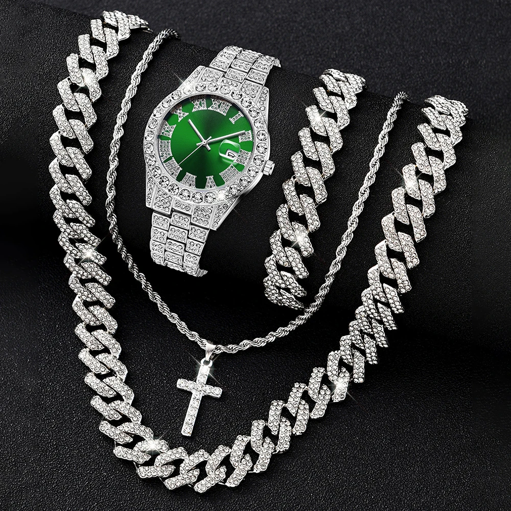 4pcs Men's Casual Quartz Watch Alloy Strap With Date Silver And Alloy Rhinestone Cuban Chain Bracelet Necklace And Alloy Cross P 2