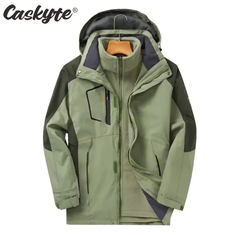 CASKYTE 가을 겨울 3in1 남성 등산 재킷 방풍 방수 후드 재킷 플리스 따..