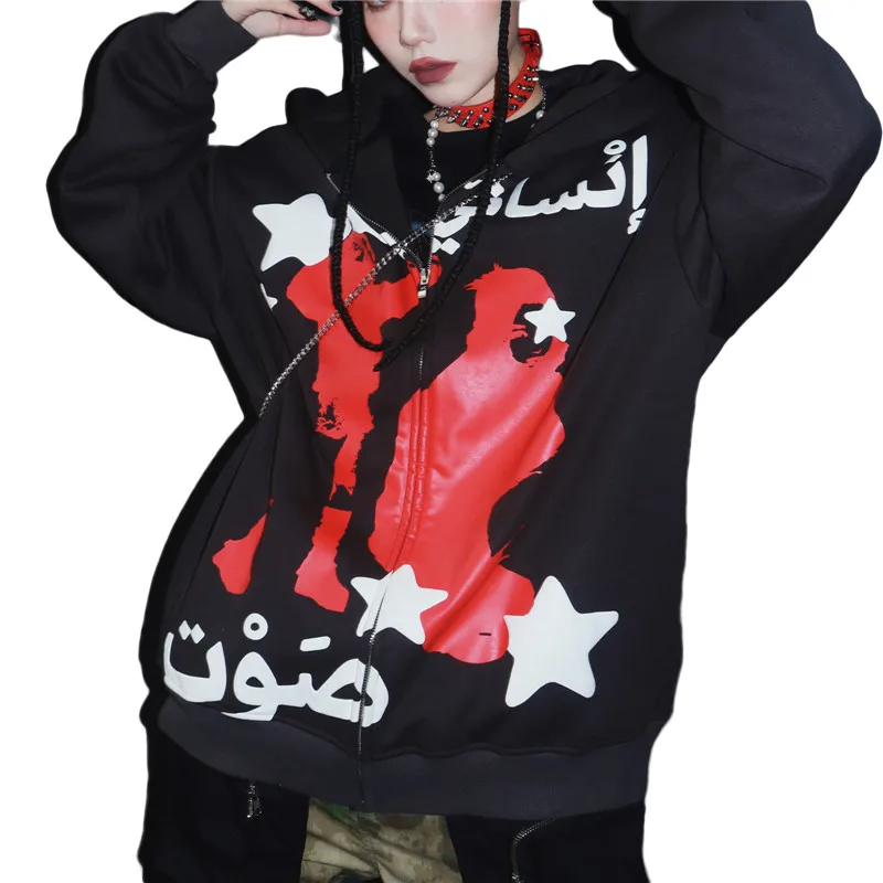 

Women Gothic Hooded Hoodies Abstract Characters Pattern Stars Letters Printed Hip Hop Sweatshirts Casual Loose Zipper Coats Fall