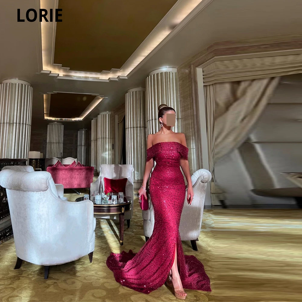 

LORIE Burgundy Elegant Off Shoulder Mermaid Prom Dresses Sparkly Sequined Formal Evening Dress Sexy Leg Silt Vestidos De Fiesta