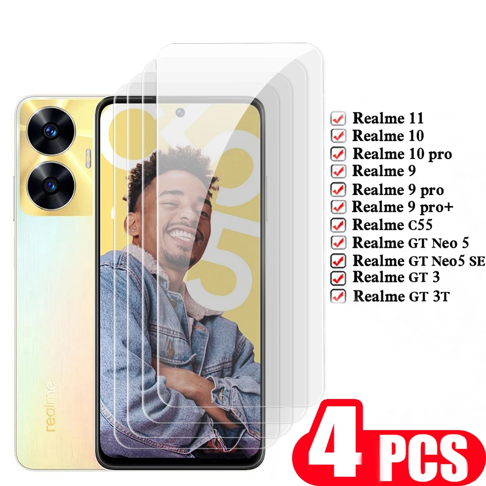 

4 шт. закаленное стекло для Realme GT Neo 5 SE 9 10 11 pro plus C55 3 3T GT2 pro, защита экрана, защитная пленка для смартфона
