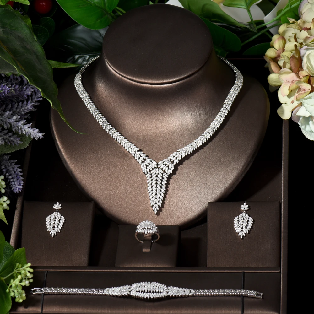 

Fashion Unique Design AAA Cubic Zirconia Wedding Jewelry Set Brilliant Luxury Leaf Africa Bridal 4pcs Set Festival Dress S-038