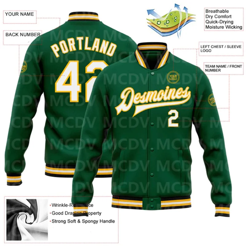 Custom Kelly Green White-Gold Bomber Full-Snap Varsity Letterman Jacket