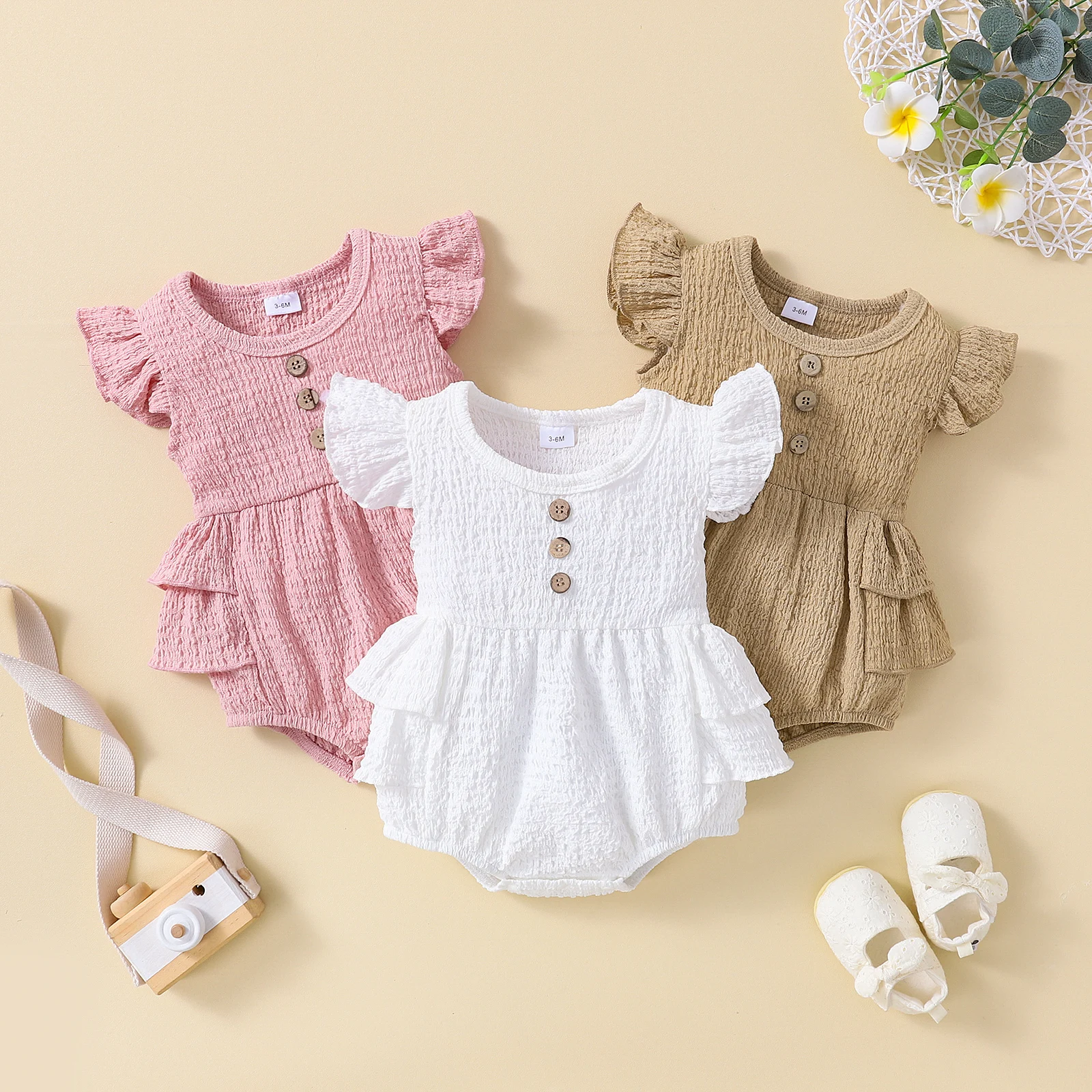 

Baby Girl\u2019s Fly Sleeve Romper Fashion Solid Color Button Round Neck Ruffle Triangle Jumpsuits