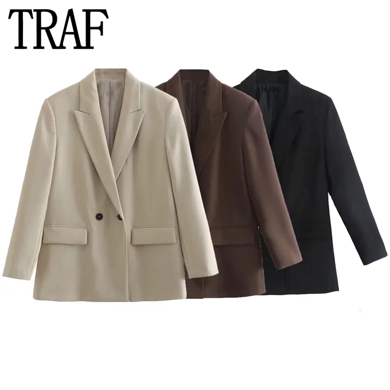 TRAF 2023 Black Oversize Blazer Woman Double Breasted Office Elegant