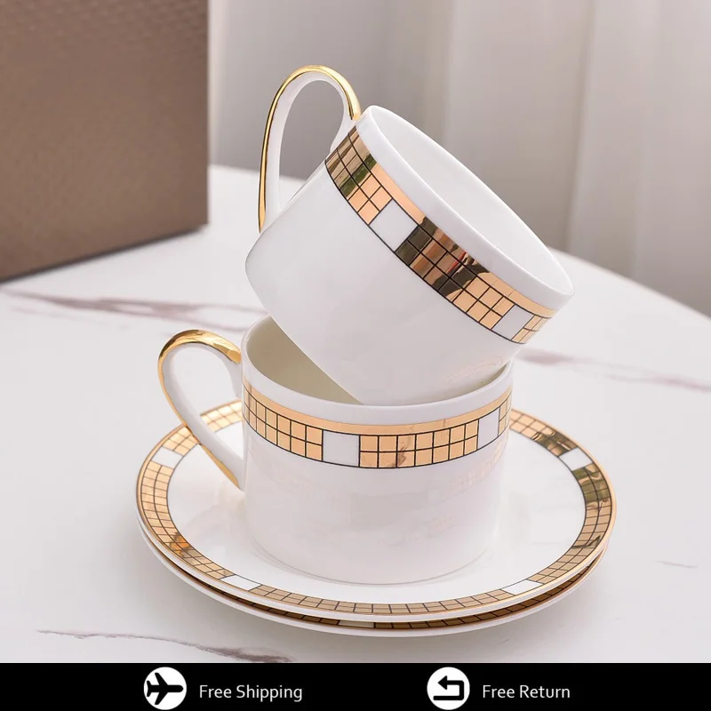 

250ml Gold Small Square Grid Coffee Cup Retro Design Porcelain Tea Utensil Bone Porcelain Cup Set Ceramic Beverage Birthday Gift