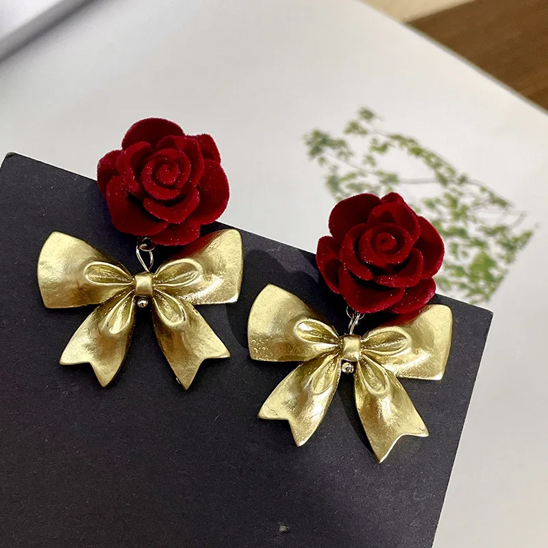 

Bow Earrings Wine Red Rose Atmosphere Vintage French Style Ear Studs for Women