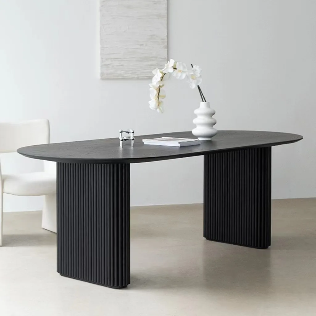 Atunus Nordic Minimalist Reclaimed Solid Wood Black Dining Table Ribbed Modern Luxury Dining Table 8 Seater Oval