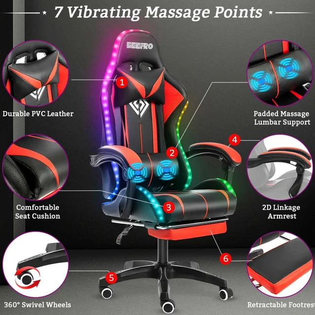 Office Chair Gamer Computer Chair Ergonomic Swivel 2 Point Massage Recliner Bluetooth Speaker 6