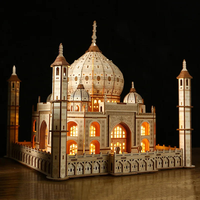 3D Puzzle Wooden House Model Royal Castle Taj Mahal With Light Assembly Toy For Kids Adult DIY Model Kits Decoration for Gifts 4