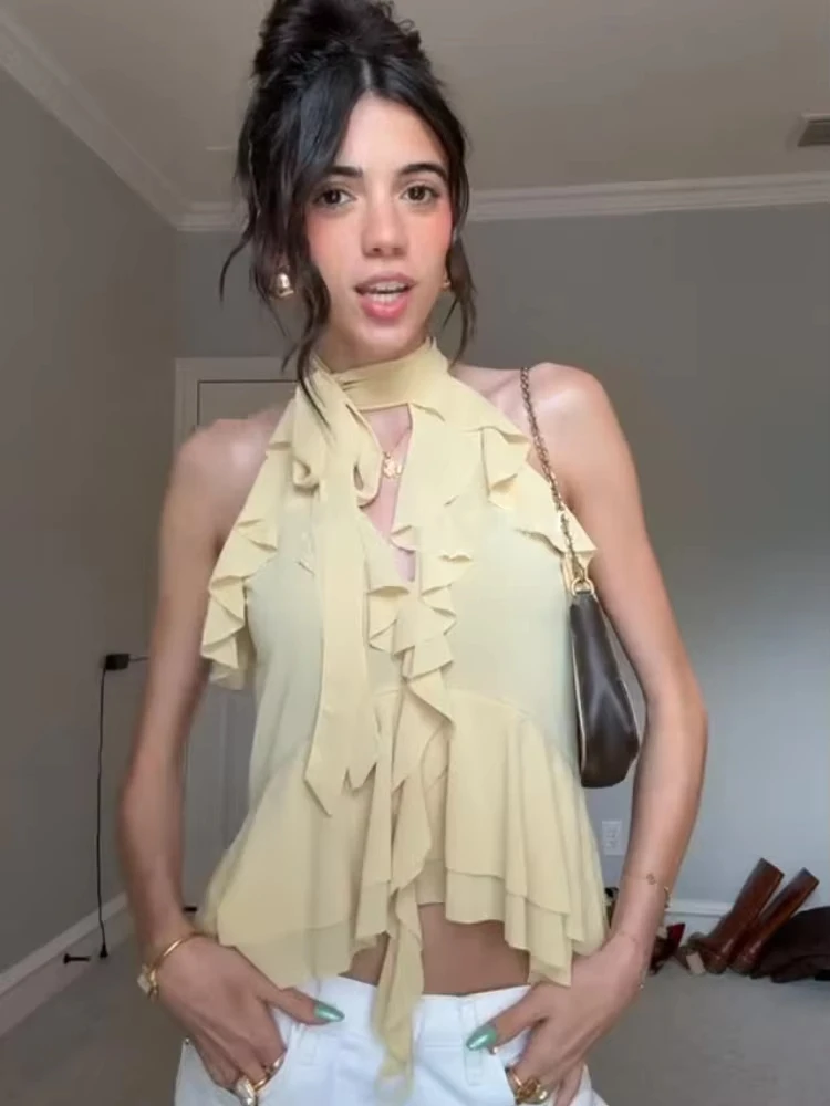 HH Women Elegant Yellow Ruffle Halter Tops Off Shoulder Sleeveless Back Lace-up Vests Tops 2025 Summer Casual Holiday Wear