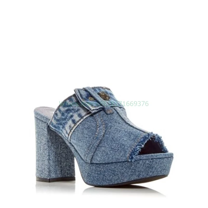 

Sexy Denim Platform Peep Toe Mule Sandals Women Chunky High Heel Button Decor Slippers Summer 2023 Lady Slip on Shoes