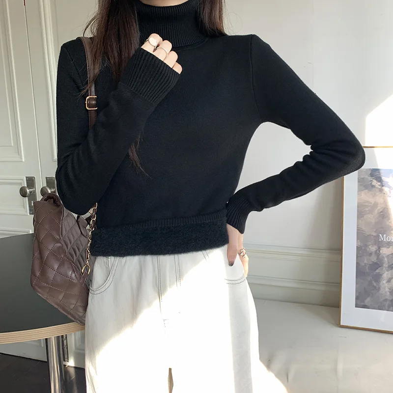 

Women's Korean fashion thickened velvet turtleneck sweater slim fit top lined warm fleece knitted pullover winter knitted sweate