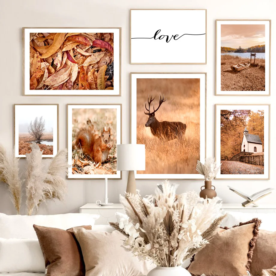 

Autumn Forest Falling Leaves Deer Squirrel Cabin Lake Wall Art Canvas Painting Nordic Posters Prints Pictures Living Room Decor