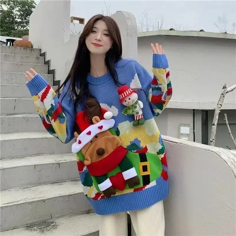 여성용 크리스마스 테마 엘크 스웨터, 느슨한 겉옷, 게으른 스타일, 두꺼운 레트..