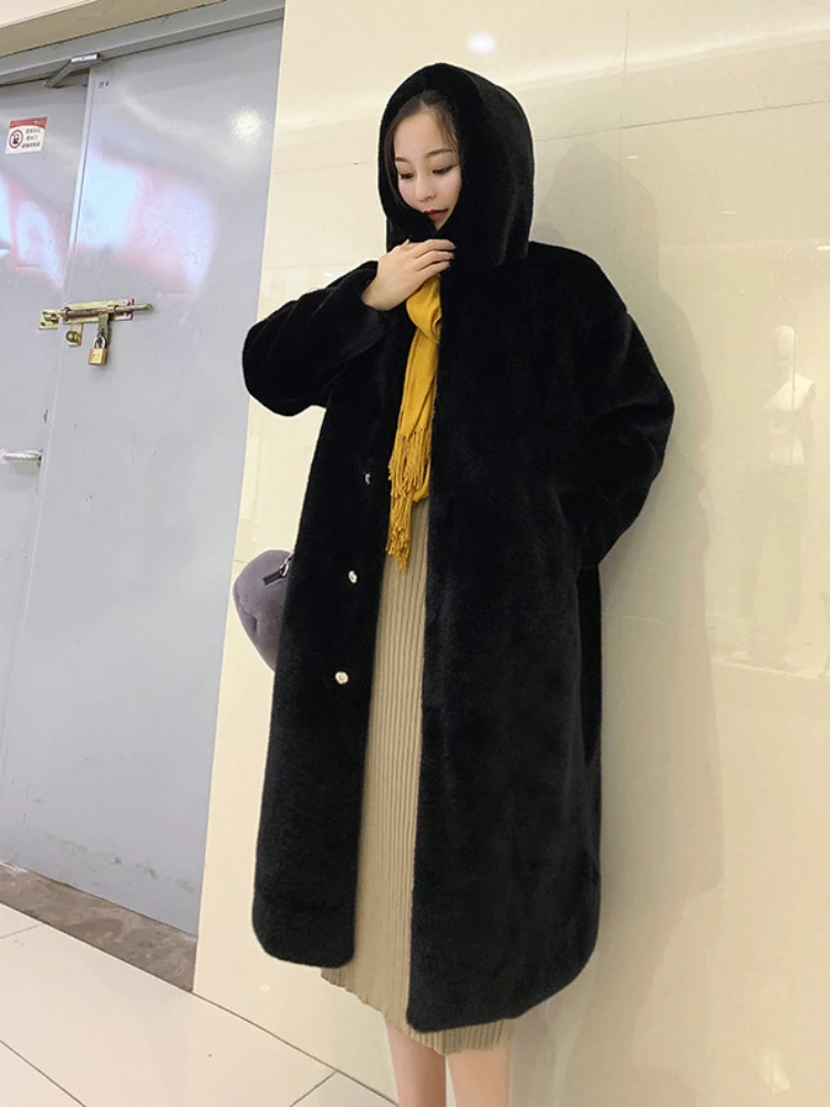 Hooded Thick Faux Fur Jacket Women Colorblock Autumn Winter Maxi Coat Long Warm Luxury Belt Fur Parkas Bontjas Furry Outerwear