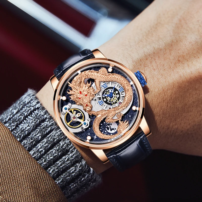 HANBOR Dragon Watch For Men Hollow Out Luxury Mens Watch Luminous Waterproof Automatic Mechanical Wristwatch 5D Engraving Montre