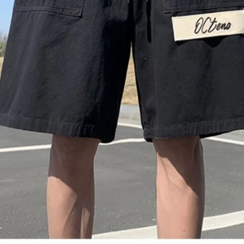 Men's 2024 Summer New Patchwork Elasticized Drawstring Pockets Fashion Solid Color Letters Loose Comfortable Casual Shorts