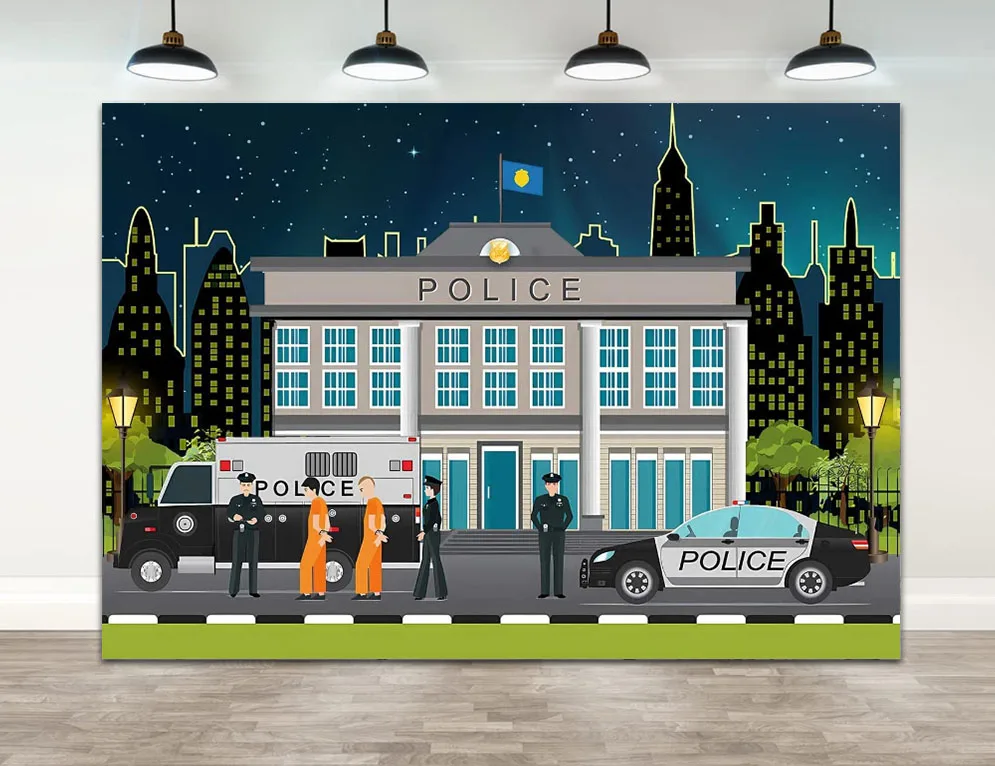 

Police Game Birthday Backdrop Police Station Building Background Night Urban Crime Criminals Police Car Kids Birthday Party
